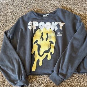 SmileyWorld "Spooky" Grey Cropped Sweatshirt with Yellow Melted Smiley